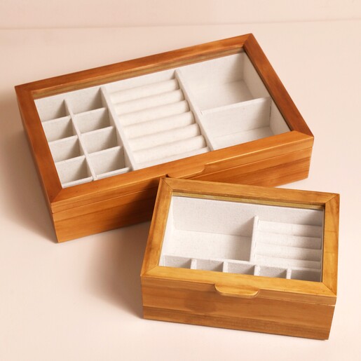 Medium and Large Glass Top Wooden Jewellery Boxes